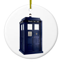DistinctInk® Hanging Ceramic Christmas Tree Ornament with Gold String - Great Gift / Present - 2 3/4 inch Diameter - TARDIS Police Call Box