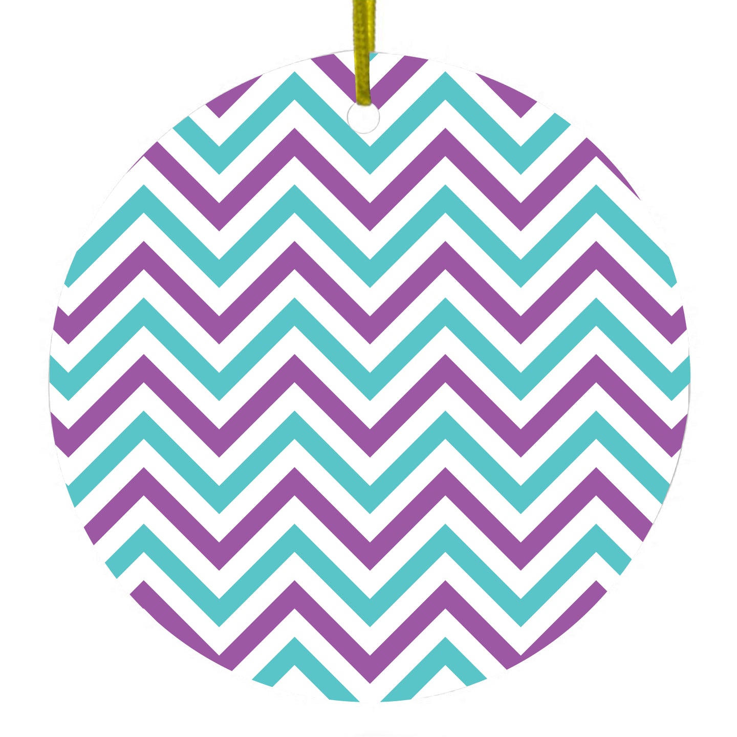 DistinctInk® Hanging Ceramic Christmas Tree Ornament with Gold String - Great Gift / Present - 2 3/4 inch Diameter - Purple Teal Chevron Stripes