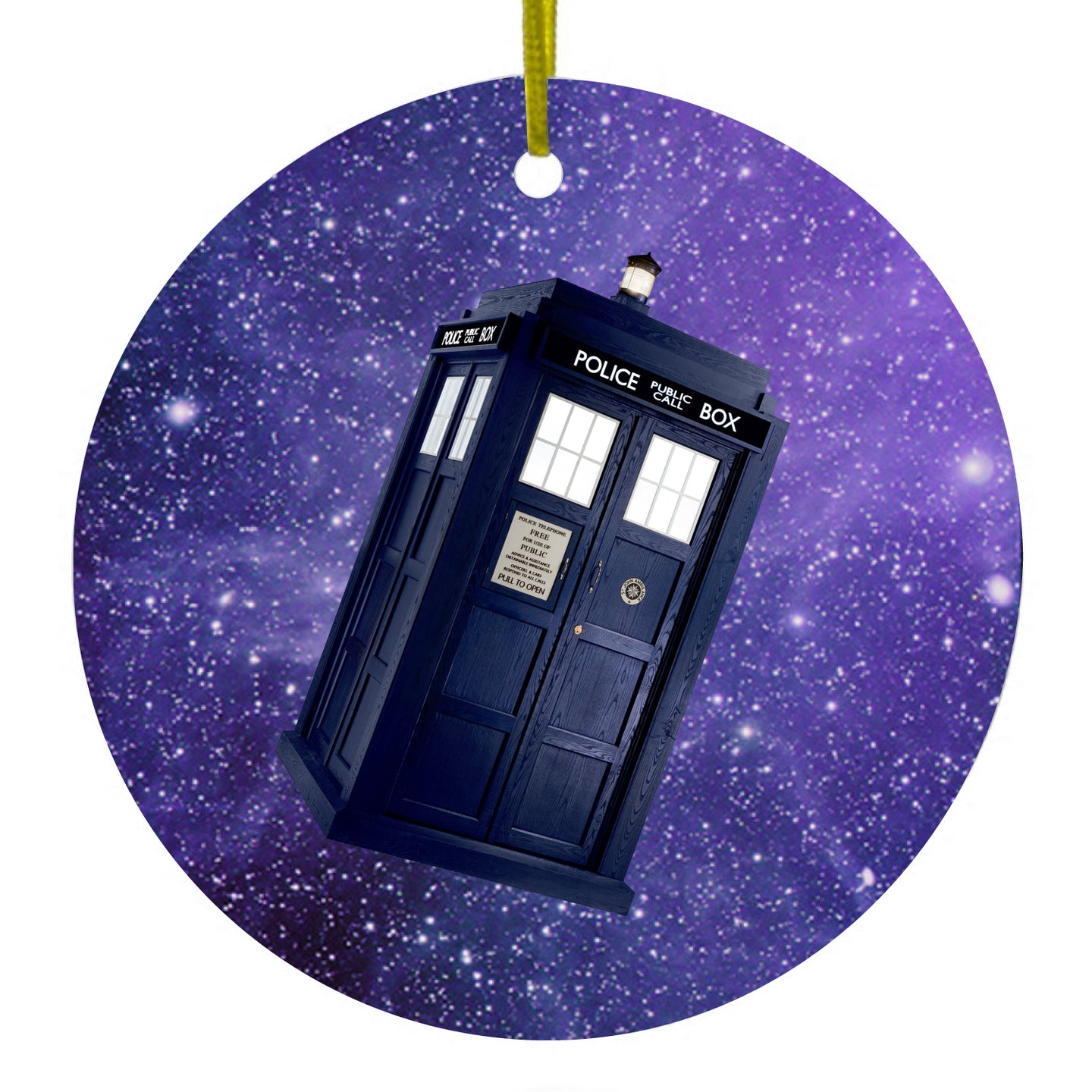 DistinctInk® Hanging Ceramic Christmas Tree Ornament with Gold String - Great Gift / Present - 2 3/4 inch Diameter - TARDIS Floating in Space