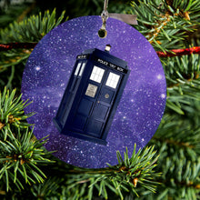 DistinctInk® Hanging Ceramic Christmas Tree Ornament with Gold String - Great Gift / Present - 2 3/4 inch Diameter - TARDIS Floating in Space