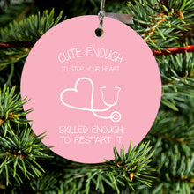DistinctInk® Hanging Ceramic Christmas Tree Ornament with Gold String - Great Gift / Present - 2 3/4 inch Diameter - Pink Nurse Stethoscope Heart