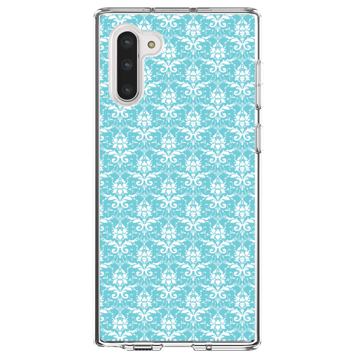 Baby Blue White Damask Pattern Clear Shockproof iPhone Case, view 9