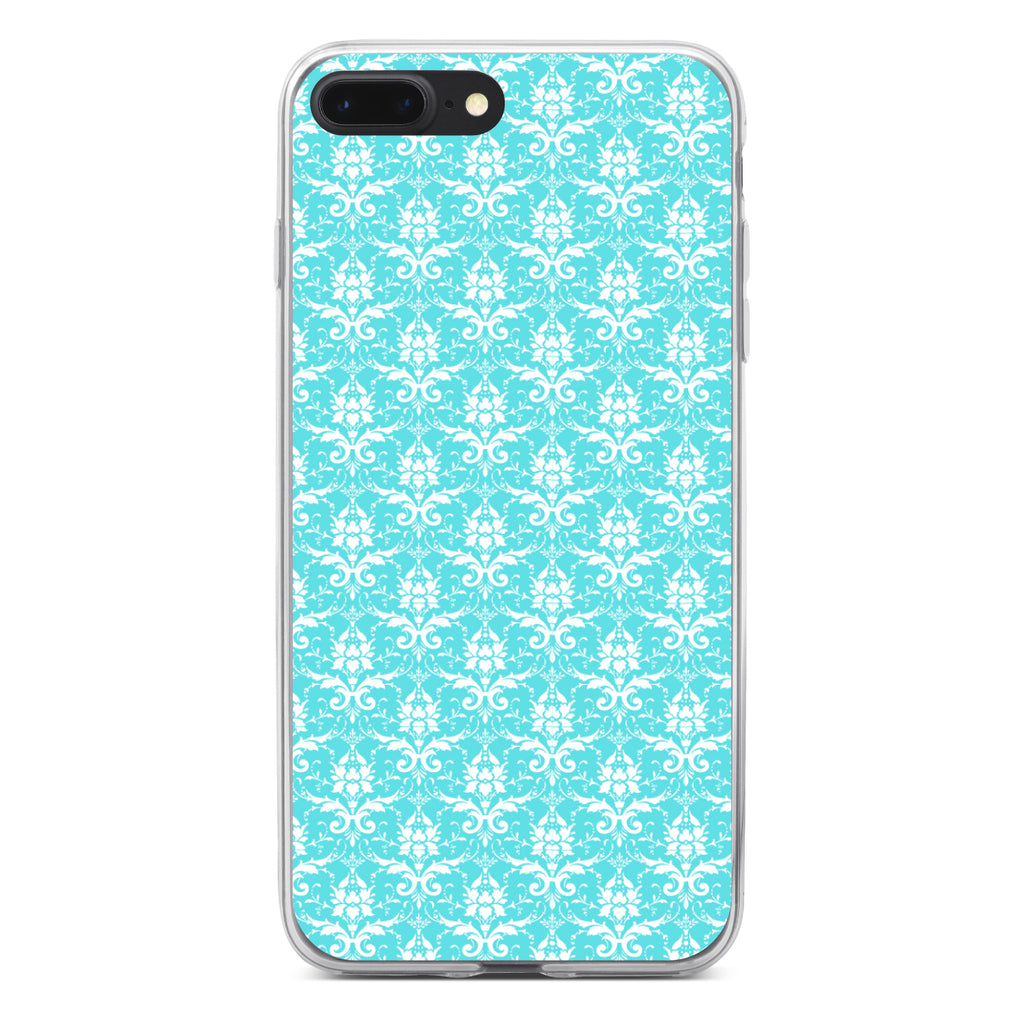 Baby Blue White Damask Pattern Clear Shockproof iPhone Case, view 6