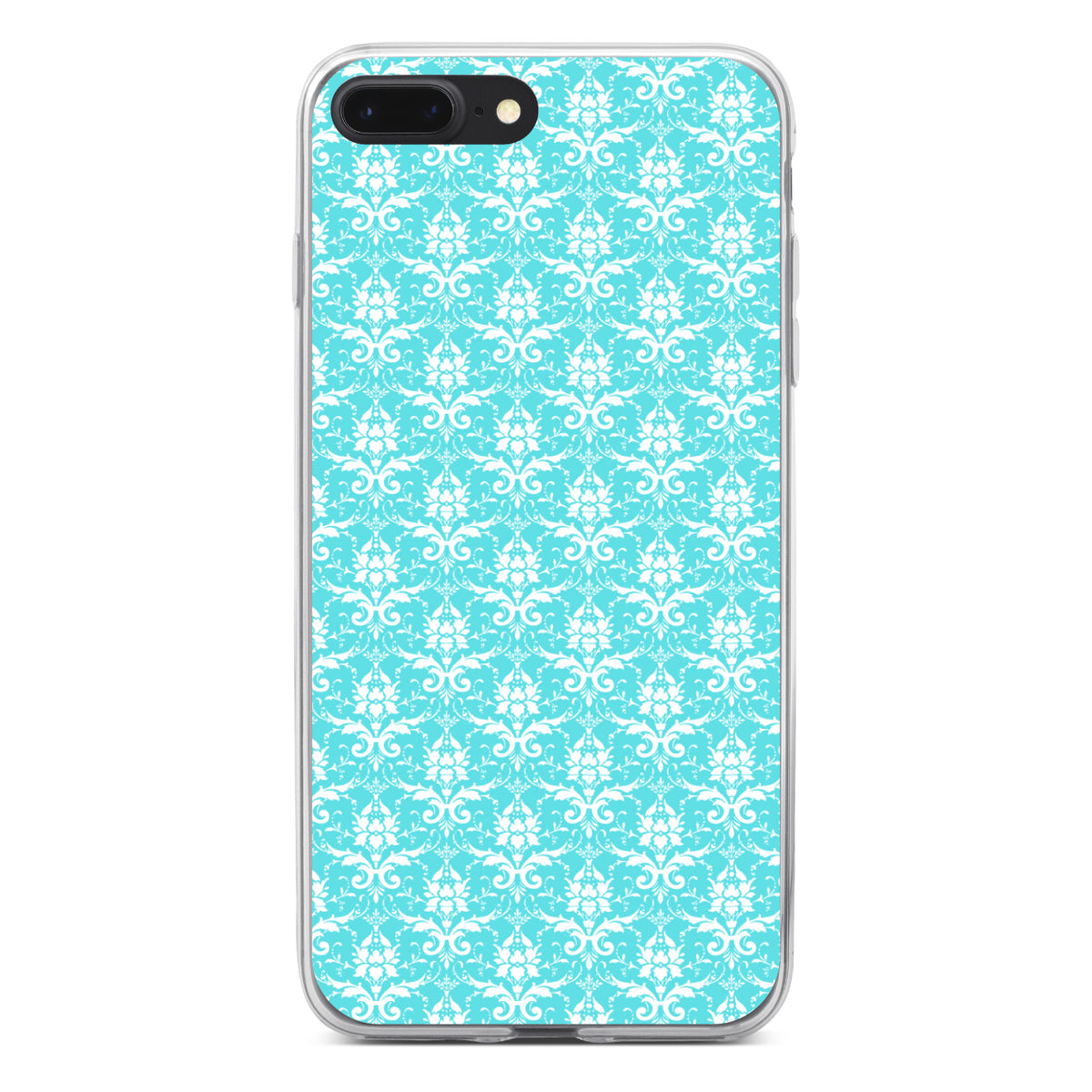 Baby Blue White Damask Pattern Clear Shockproof iPhone Case, view 6