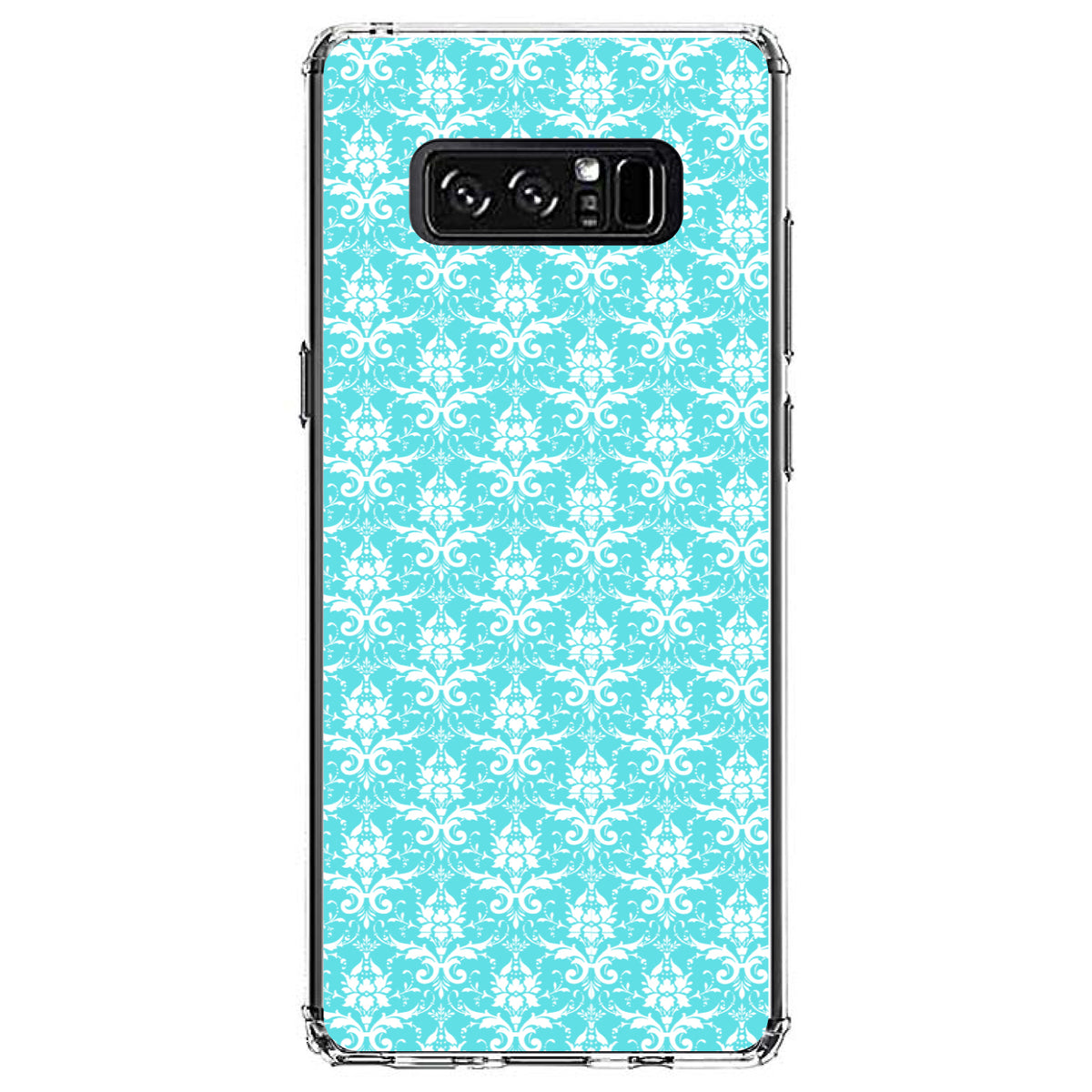 Baby Blue White Damask Pattern Clear Shockproof iPhone Case, view 12