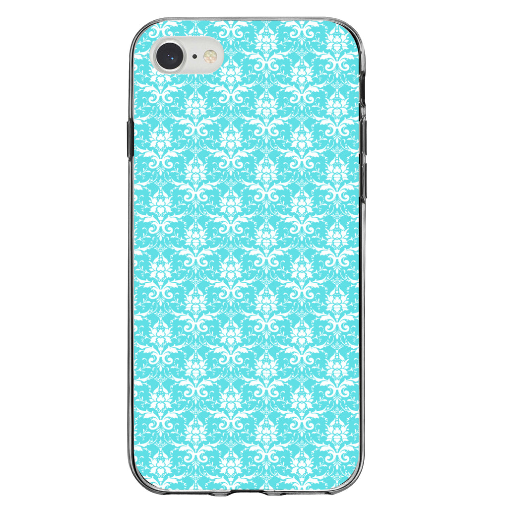 Baby Blue White Damask Pattern Clear Shockproof iPhone Case, view 5