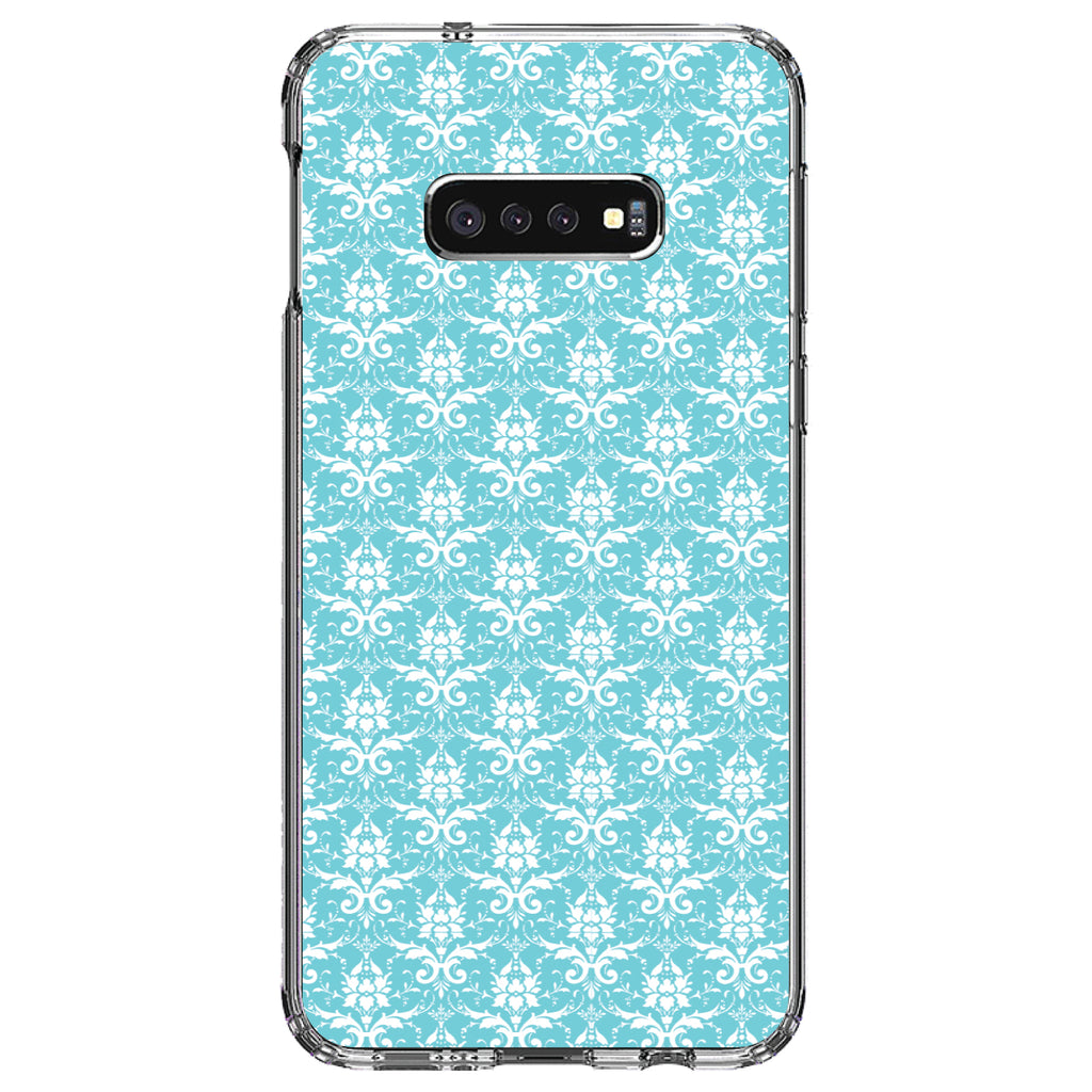 Baby Blue White Damask Pattern Clear Shockproof iPhone Case, view 18