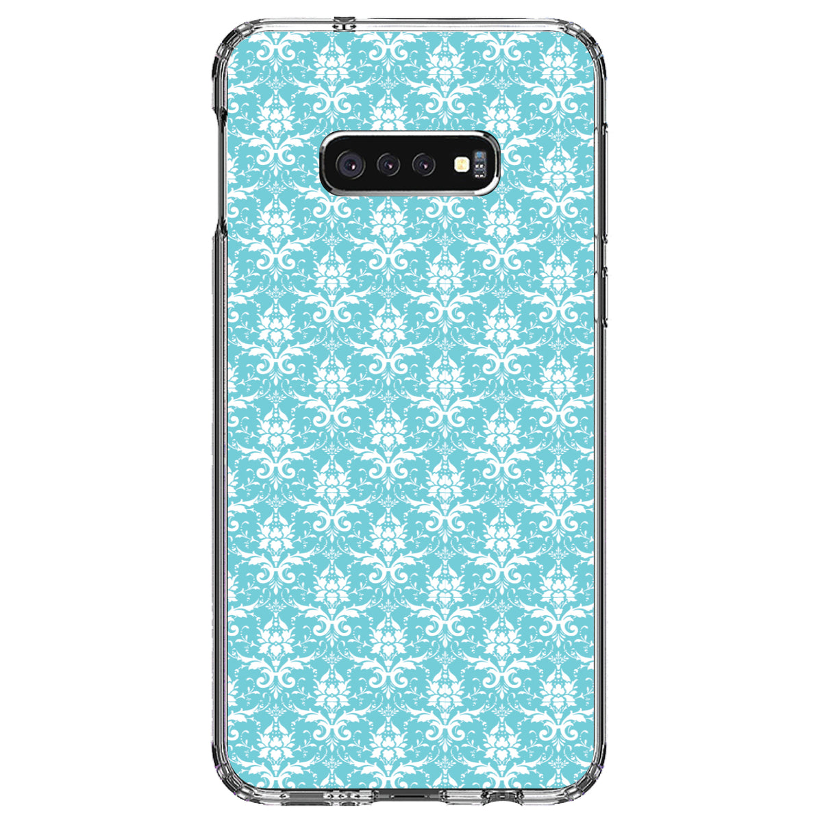Baby Blue White Damask Pattern Clear Shockproof iPhone Case, view 18