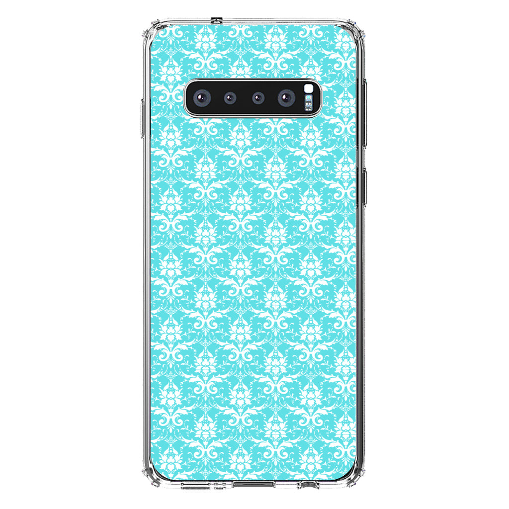 Baby Blue White Damask Pattern Clear Shockproof iPhone Case, view 16