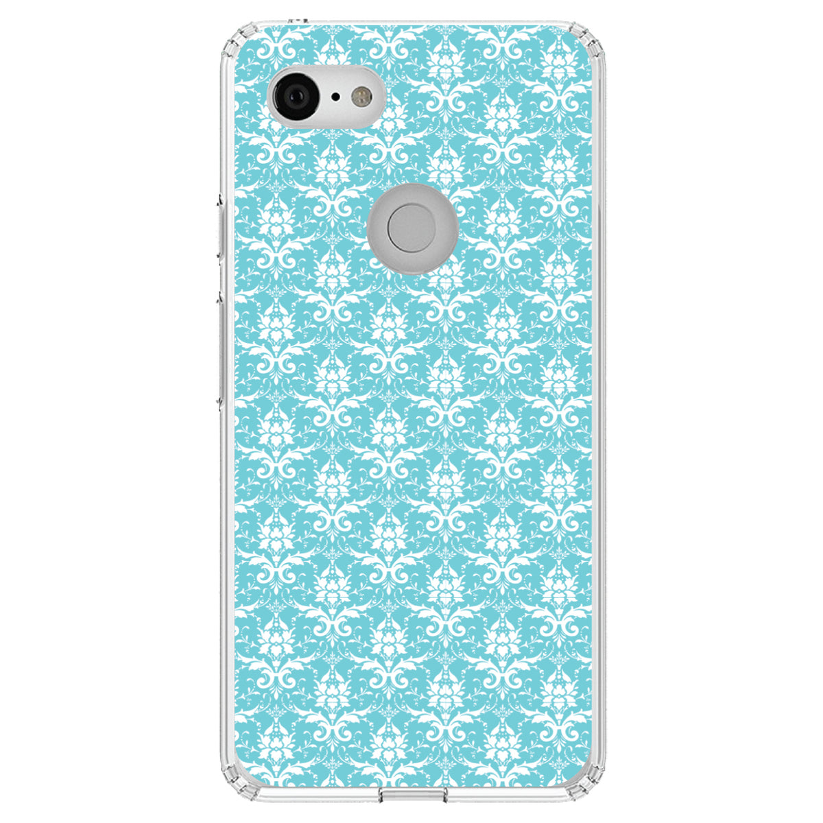 Baby Blue White Damask Pattern Clear Shockproof iPhone Case, view 22