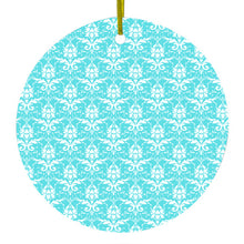 DistinctInk® Hanging Ceramic Christmas Tree Ornament with Gold String - Great Gift / Present - 2 3/4 inch Diameter - Baby Blue White Damask Pattern