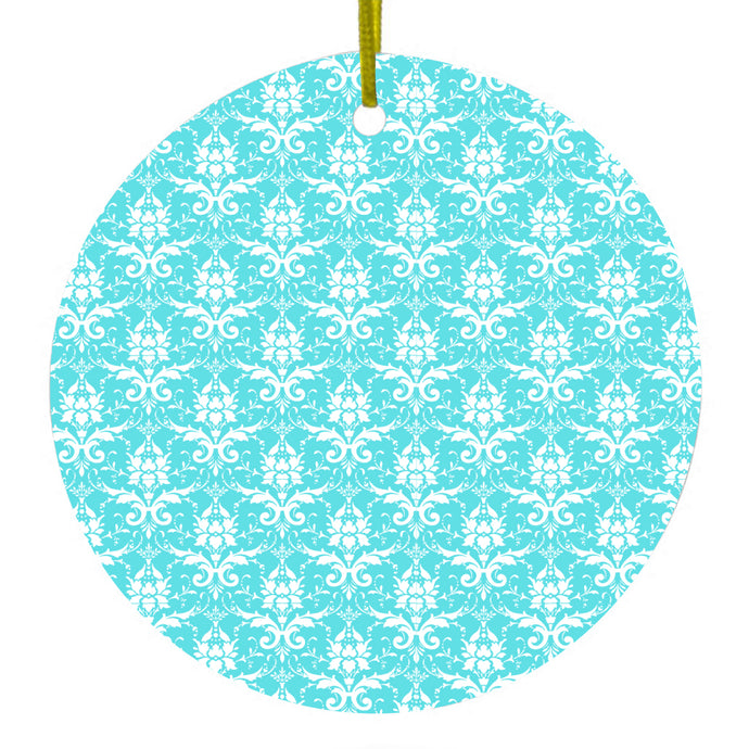 Baby Blue White Damask Pattern Ceramic Ornament