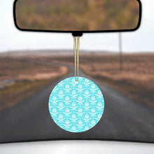 DistinctInk® Hanging Ceramic Christmas Tree Ornament with Gold String - Great Gift / Present - 2 3/4 inch Diameter - Baby Blue White Damask Pattern