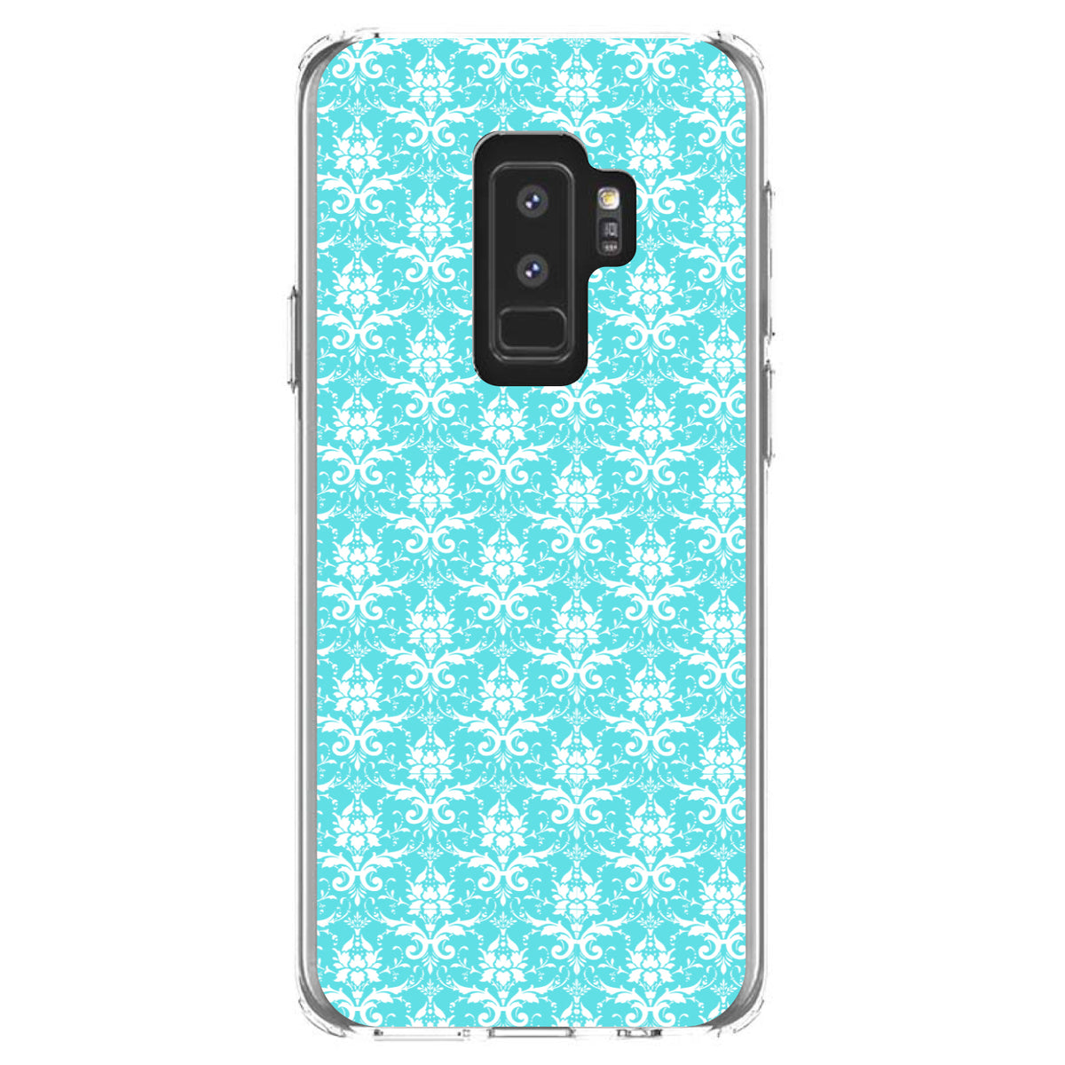Baby Blue White Damask Pattern Clear Shockproof iPhone Case, view 20