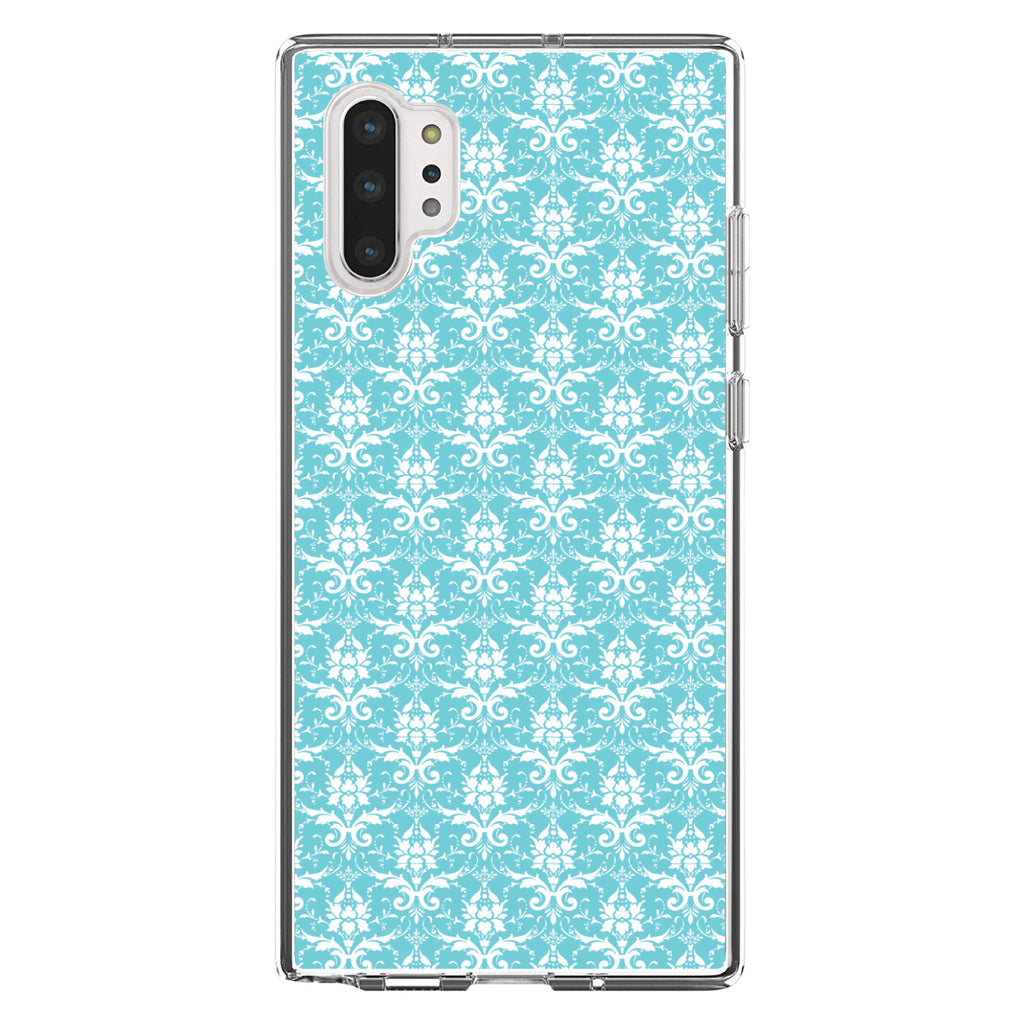 Baby Blue White Damask Pattern Clear Shockproof iPhone Case, view 10
