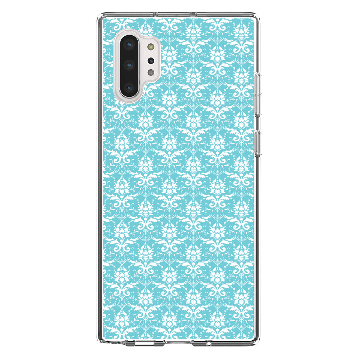 Baby Blue White Damask Pattern Clear Shockproof iPhone Case, view 10