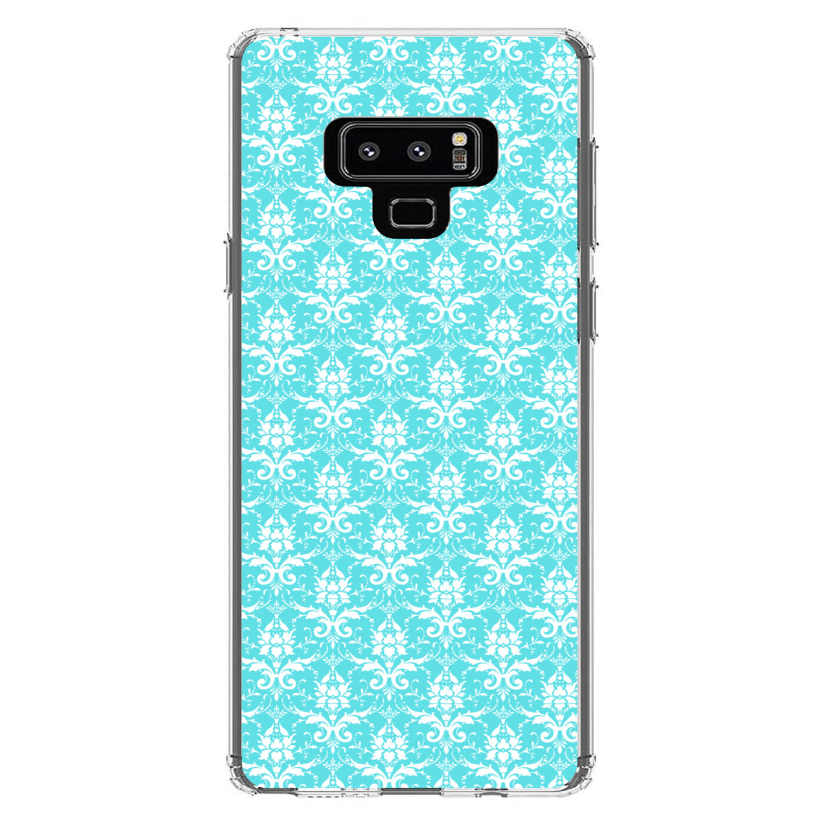 Baby Blue White Damask Pattern Clear Shockproof iPhone Case, view 11