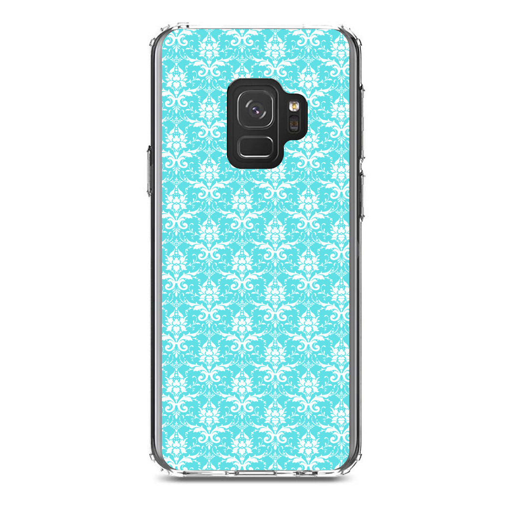 Baby Blue White Damask Pattern Clear Shockproof iPhone Case, view 19