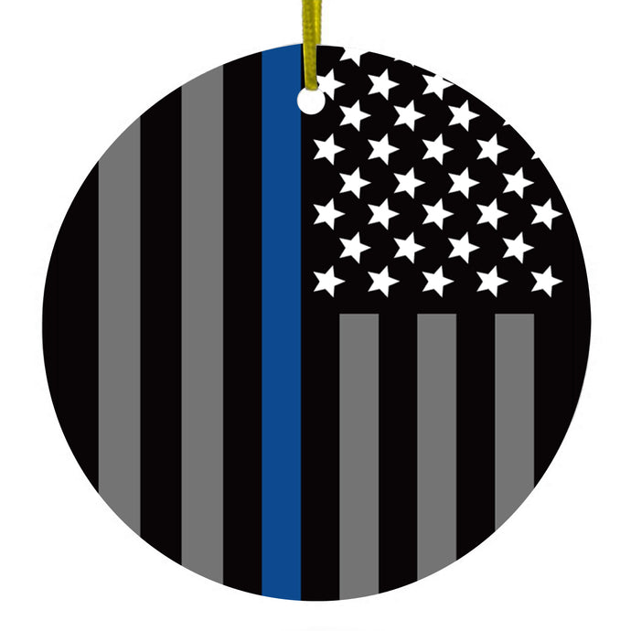 DistinctInk® Hanging Ceramic Christmas Tree Ornament with Gold String - Great Gift / Present - 2 3/4 inch Diameter - Thin Blue Line US Flag Law Enforcement