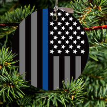 DistinctInk® Hanging Ceramic Christmas Tree Ornament with Gold String - Great Gift / Present - 2 3/4 inch Diameter - Thin Blue Line US Flag Law Enforcement