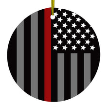 DistinctInk® Hanging Ceramic Christmas Tree Ornament with Gold String - Great Gift / Present - 2 3/4 inch Diameter - Thin Red Line US Flag Fire Rescue