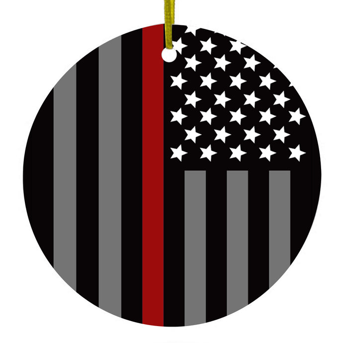 DistinctInk® Hanging Ceramic Christmas Tree Ornament with Gold String - Great Gift / Present - 2 3/4 inch Diameter - Thin Red Line US Flag Fire Rescue