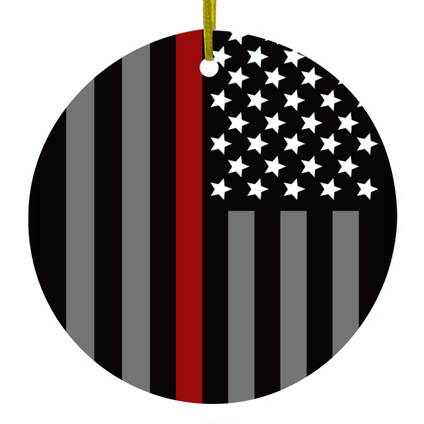 DistinctInk® Hanging Ceramic Christmas Tree Ornament with Gold String - Great Gift / Present - 2 3/4 inch Diameter - Thin Red Line US Flag Fire Rescue