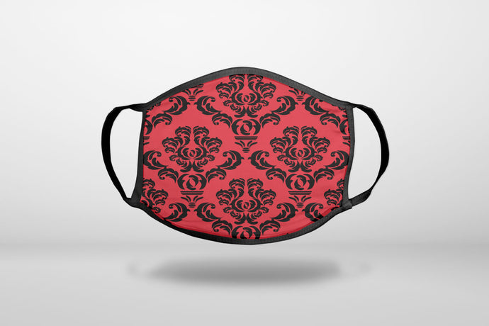 Red Black Damask Pattern - 3-Ply Reusable Soft Face Mask Covering, Unisex, Cotton Inner Layer