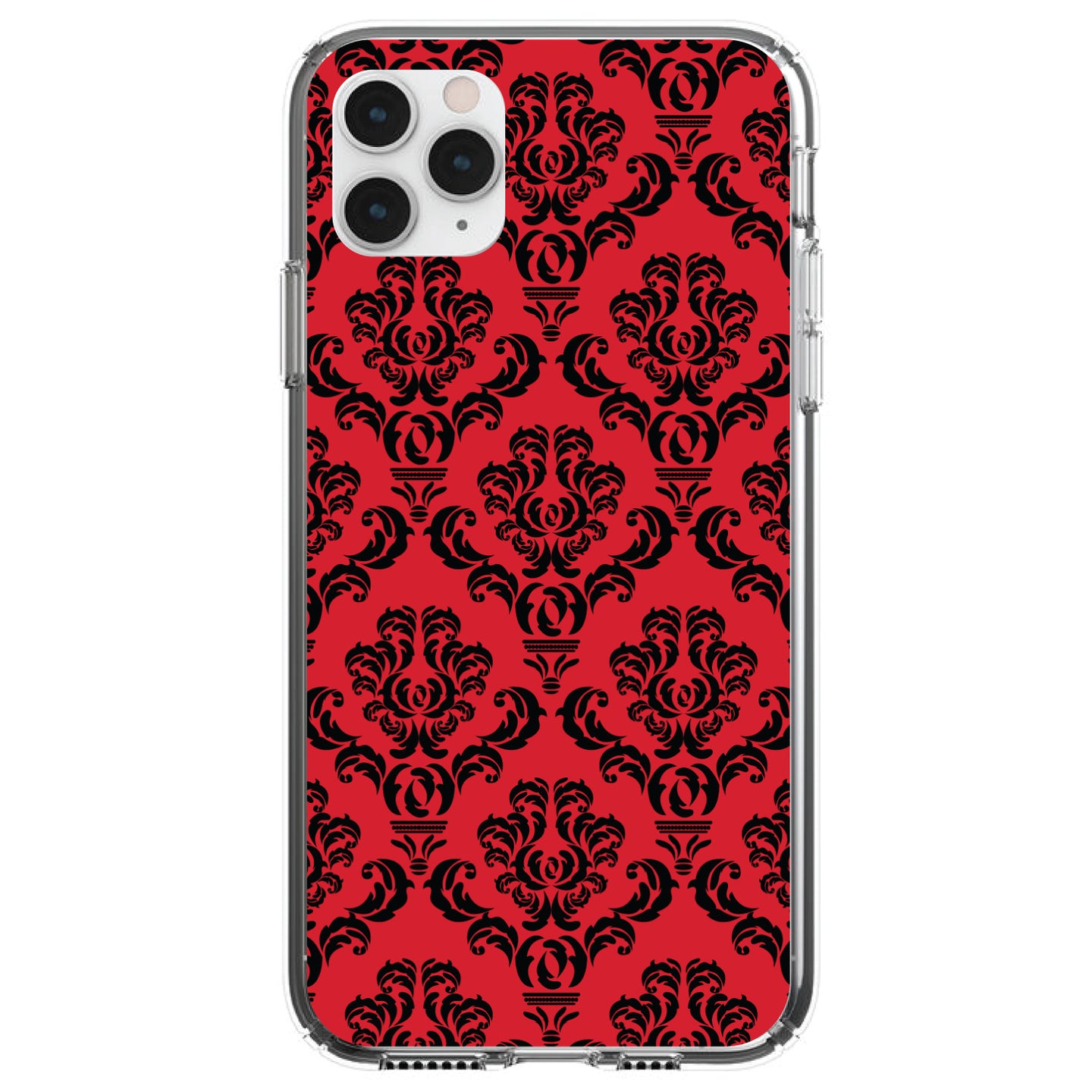 DistinctInk® Clear Shockproof Hybrid Case for Apple iPhone / Samsung Galaxy / Google Pixel - Red Black Damask Pattern