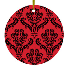 DistinctInk® Hanging Ceramic Christmas Tree Ornament with Gold String - Great Gift / Present - 2 3/4 inch Diameter - Red Black Damask Pattern