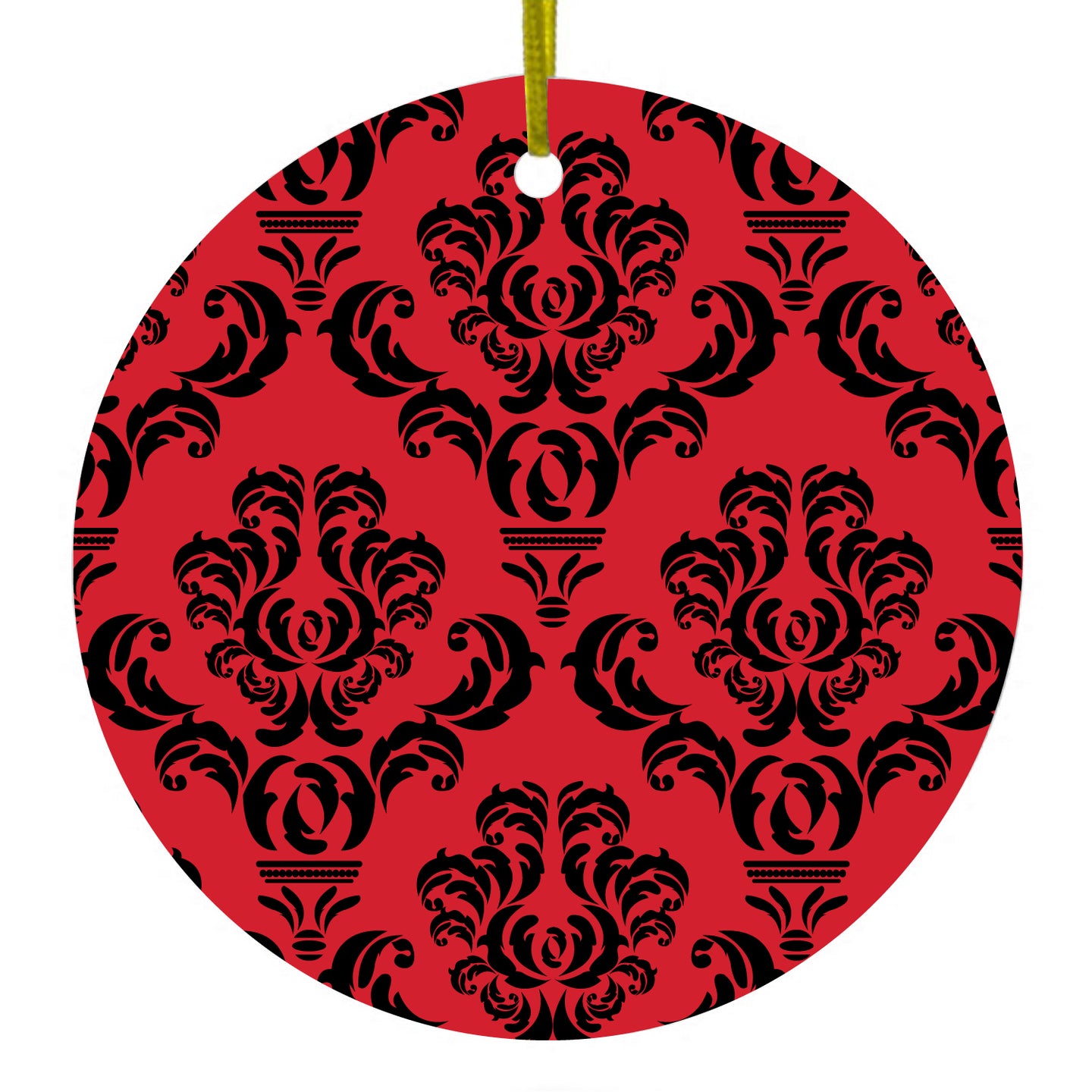 DistinctInk® Hanging Ceramic Christmas Tree Ornament with Gold String - Great Gift / Present - 2 3/4 inch Diameter - Red Black Damask Pattern
