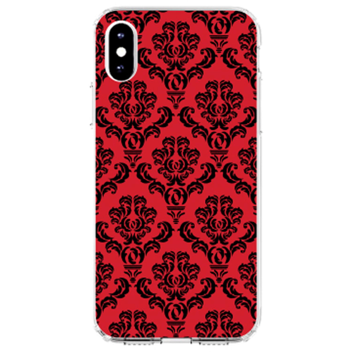 Red Black Damask Pattern Clear Shockproof iPhone Case, view 2