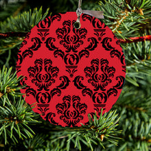 DistinctInk® Hanging Ceramic Christmas Tree Ornament with Gold String - Great Gift / Present - 2 3/4 inch Diameter - Red Black Damask Pattern