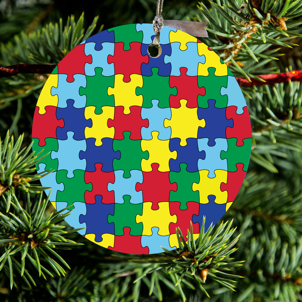 Primary Color Puzzle Pieces Autism Ceramic Ornament, view 2