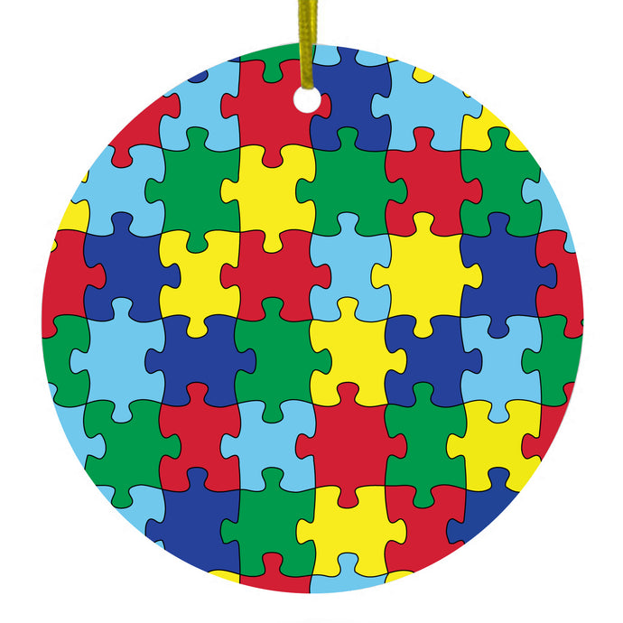 Primary Color Puzzle Pieces Autism Ceramic Ornament