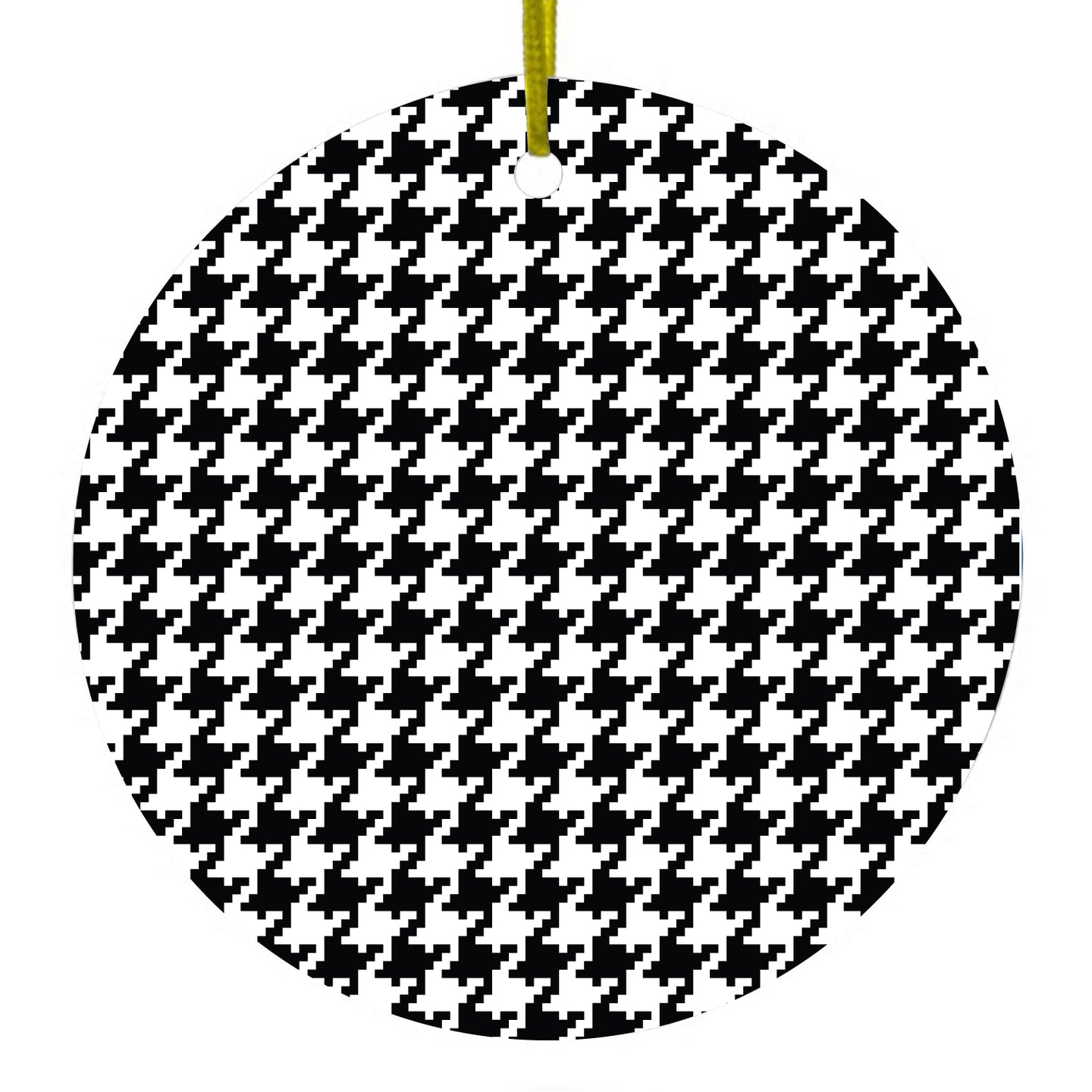 DistinctInk® Hanging Ceramic Christmas Tree Ornament with Gold String - Great Gift / Present - 2 3/4 inch Diameter - Black White Houndstooth Pattern