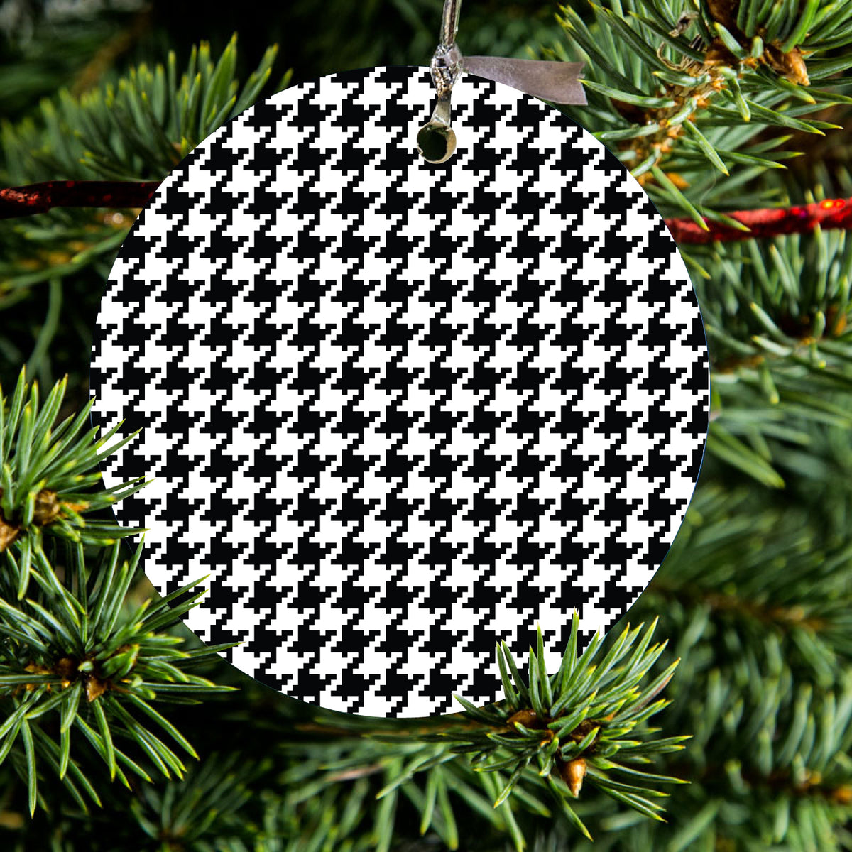 Black White Houndstooth Pattern Ceramic Ornament, view 2