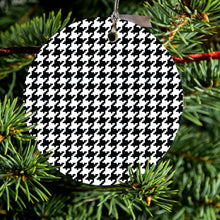 DistinctInk® Hanging Ceramic Christmas Tree Ornament with Gold String - Great Gift / Present - 2 3/4 inch Diameter - Black White Houndstooth Pattern
