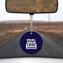 DistinctInk® Hanging Ceramic Christmas Tree Ornament with Gold String - Great Gift / Present - 2 3/4 inch Diameter - Navy Real Men Love Jesus