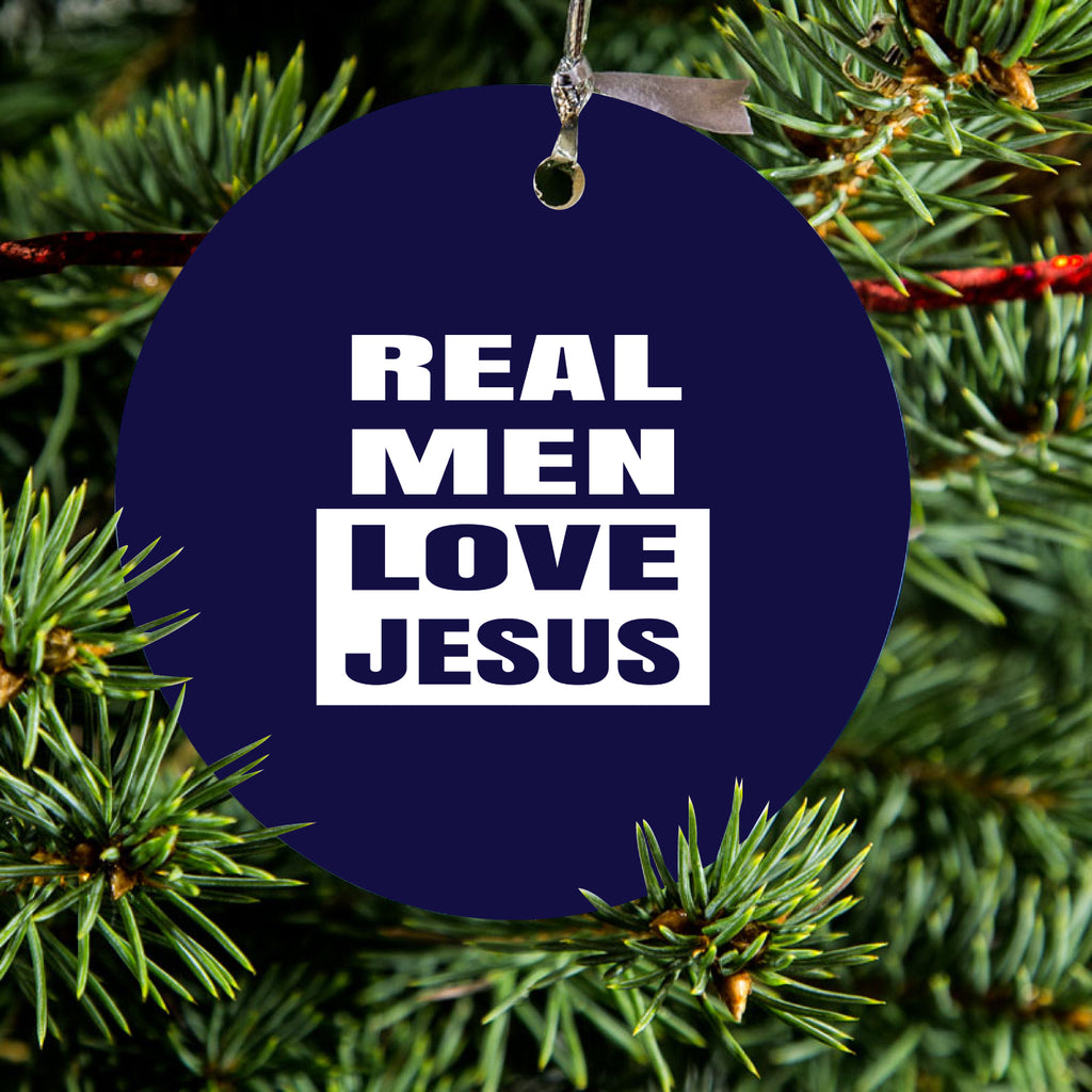 Navy Real Men Love Jesus Ceramic Ornament, view 2