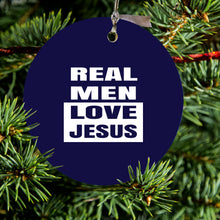DistinctInk® Hanging Ceramic Christmas Tree Ornament with Gold String - Great Gift / Present - 2 3/4 inch Diameter - Navy Real Men Love Jesus