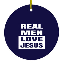 DistinctInk® Hanging Ceramic Christmas Tree Ornament with Gold String - Great Gift / Present - 2 3/4 inch Diameter - Navy Real Men Love Jesus
