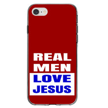 DistinctInk® Clear Shockproof Hybrid Case for Apple iPhone / Samsung Galaxy / Google Pixel - Red Blue Real Men Love Jesus