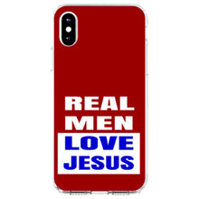 DistinctInk® Clear Shockproof Hybrid Case for Apple iPhone / Samsung Galaxy / Google Pixel - Red Blue Real Men Love Jesus