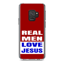 DistinctInk® Clear Shockproof Hybrid Case for Apple iPhone / Samsung Galaxy / Google Pixel - Red Blue Real Men Love Jesus