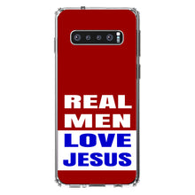 DistinctInk® Clear Shockproof Hybrid Case for Apple iPhone / Samsung Galaxy / Google Pixel - Red Blue Real Men Love Jesus