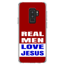 DistinctInk® Clear Shockproof Hybrid Case for Apple iPhone / Samsung Galaxy / Google Pixel - Red Blue Real Men Love Jesus