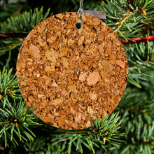 DistinctInk® Hanging Ceramic Christmas Tree Ornament with Gold String - Great Gift / Present - 2 3/4 inch Diameter - Dark Cork Board Image Print