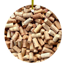 DistinctInk® Hanging Ceramic Christmas Tree Ornament with Gold String - Great Gift / Present - 2 3/4 inch Diameter - Wine Corks Image Print