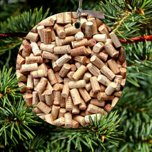 DistinctInk® Hanging Ceramic Christmas Tree Ornament with Gold String - Great Gift / Present - 2 3/4 inch Diameter - Wine Corks Image Print